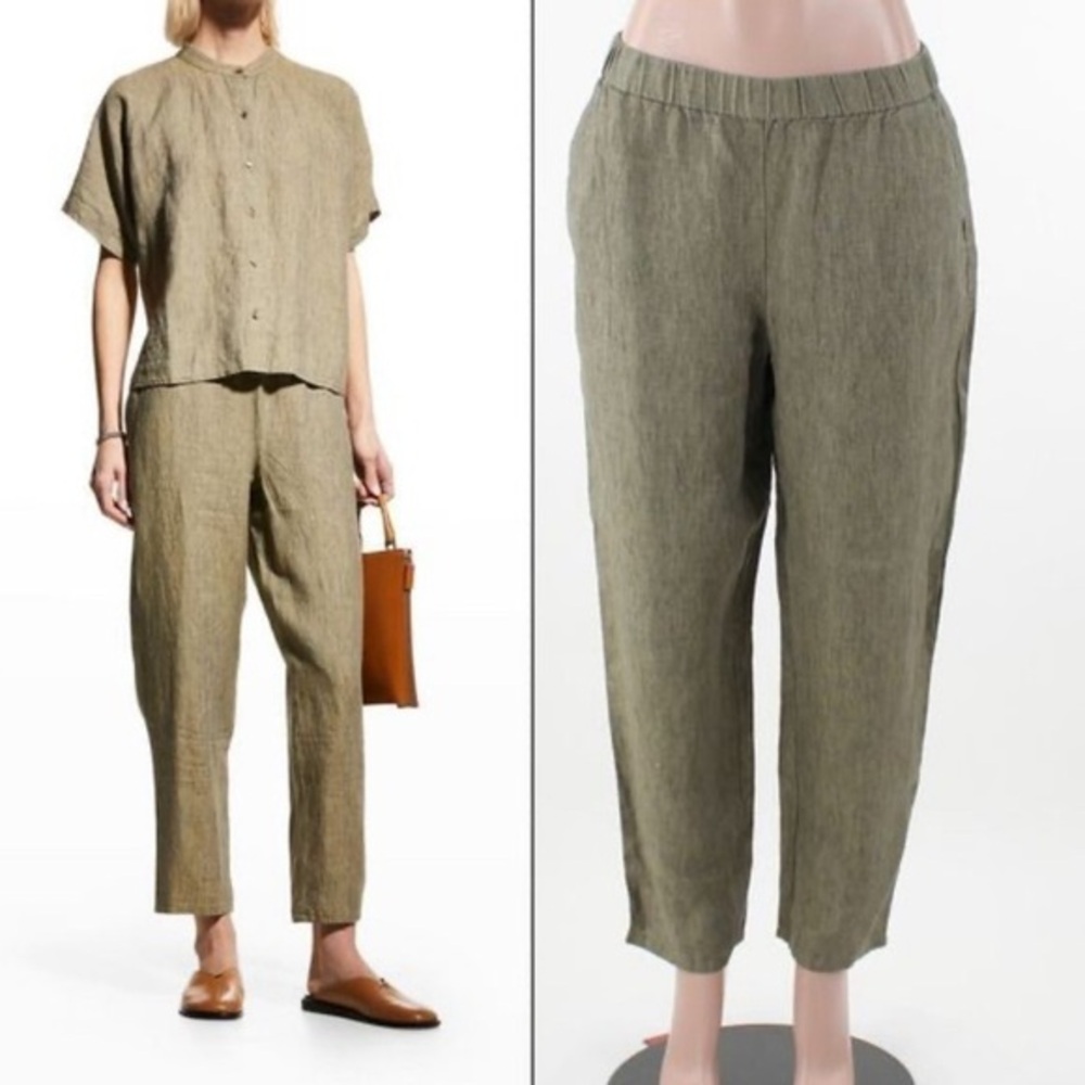 Eileen Fisher High Waist Tapered Organic Linen Ankle Pants in Tarragon s…‎